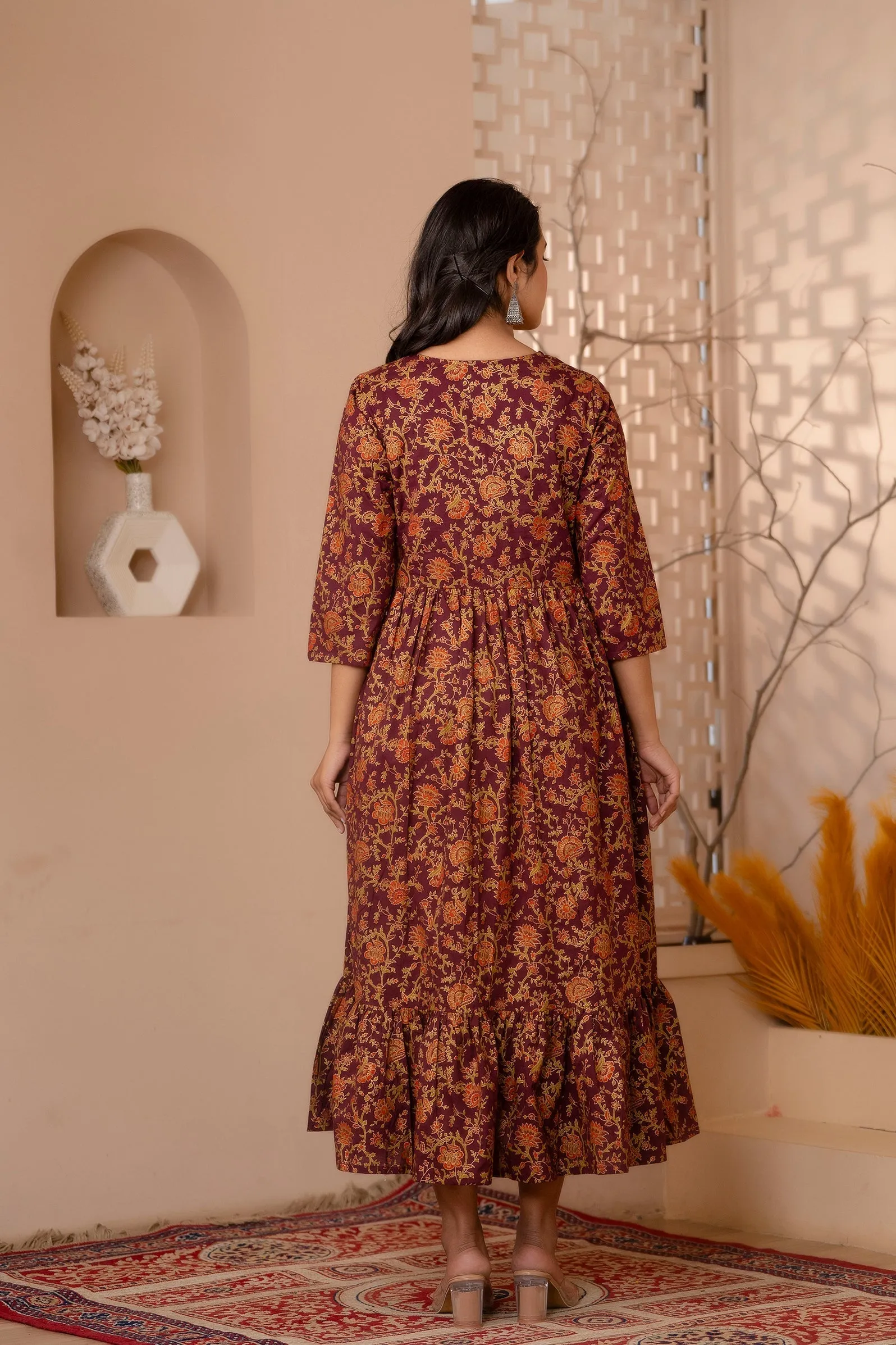 Women Burgundy Gold Printed Floral Print Tiare Dress