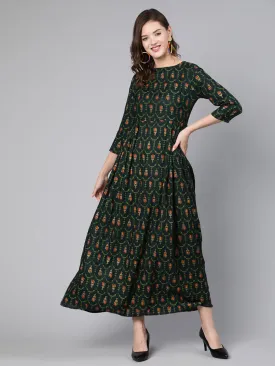 Women Green Printed Flared Dress With Three Quarter Sleeves