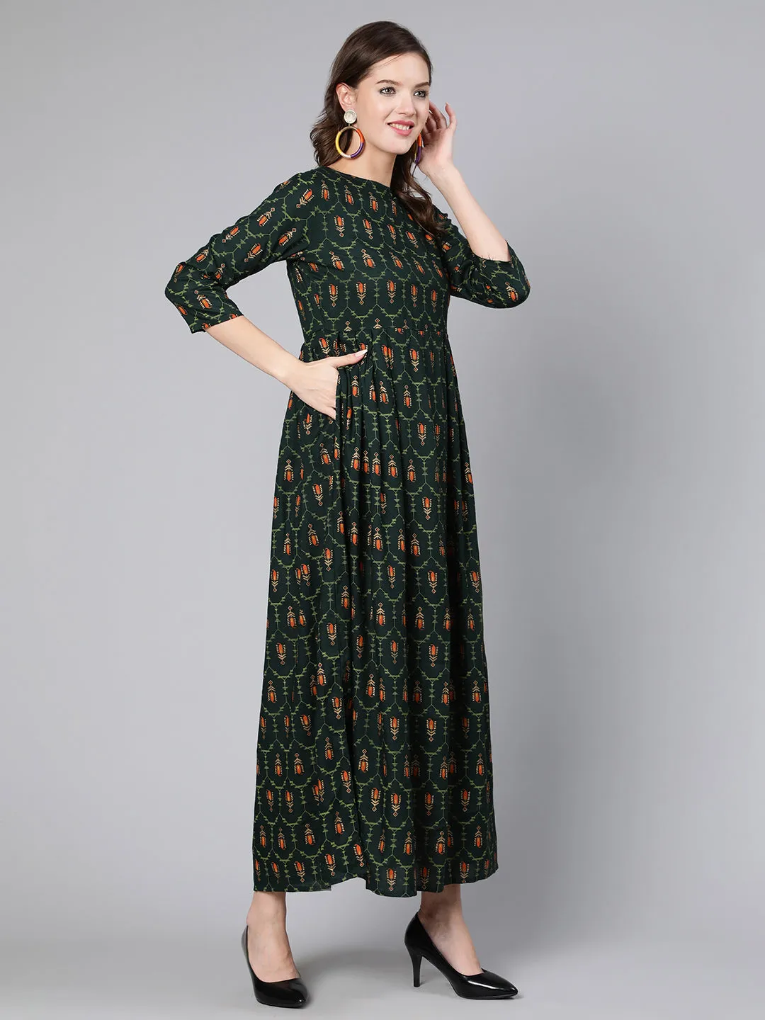 Women Green Printed Flared Dress With Three Quarter Sleeves