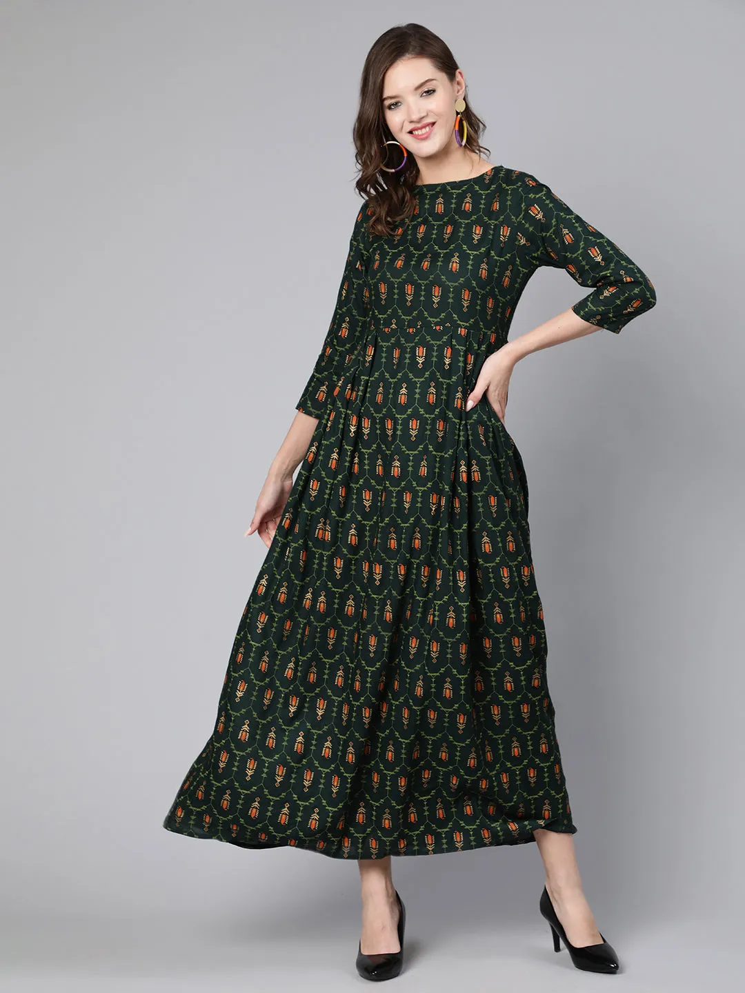 Women Green Printed Flared Dress With Three Quarter Sleeves