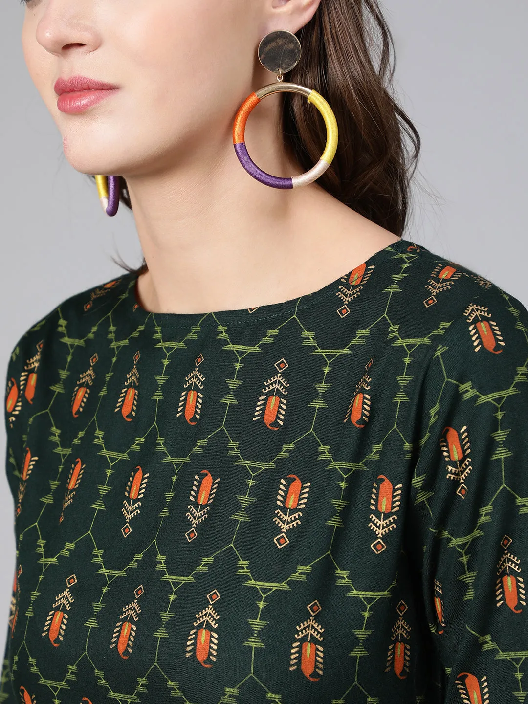 Women Green Printed Flared Dress With Three Quarter Sleeves