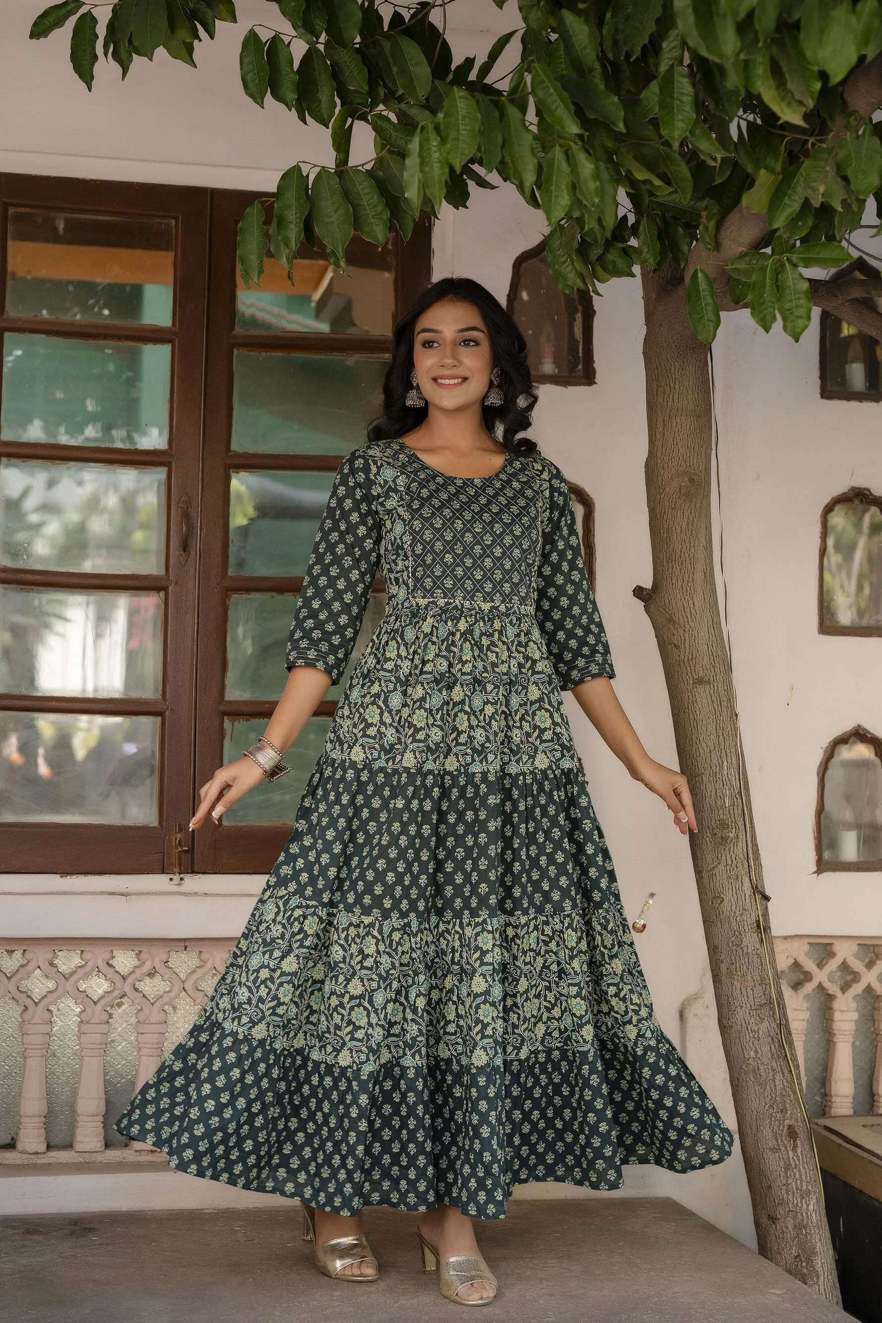 Women Green Printed Gathered Dress With Gotta Patti & Zari Work