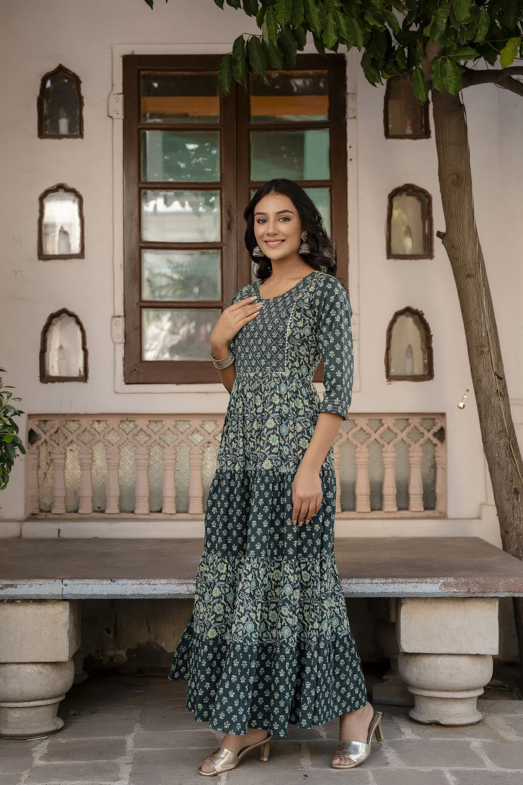 Women Green Printed Gathered Dress With Gotta Patti & Zari Work