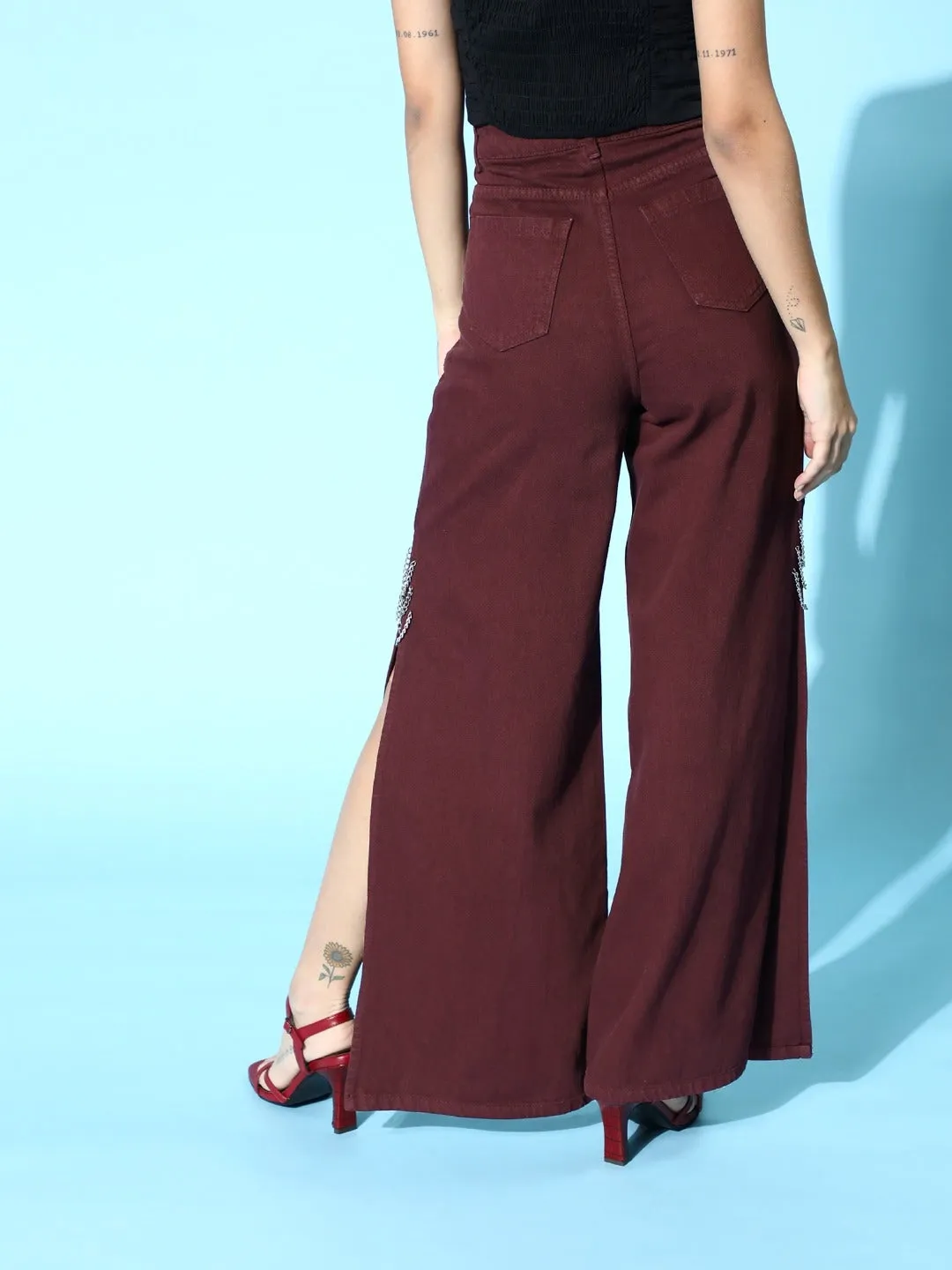 Women Maroon Side Chain Slit Jeans