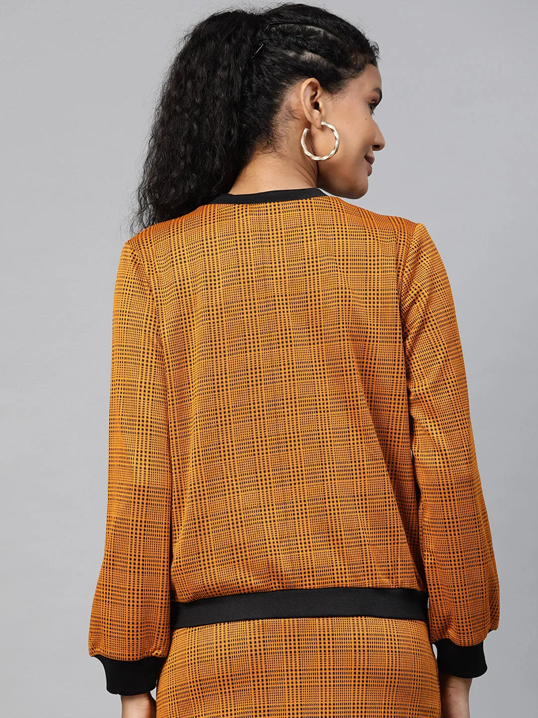 Women Mustard Jacquard Check Bomber Jacket