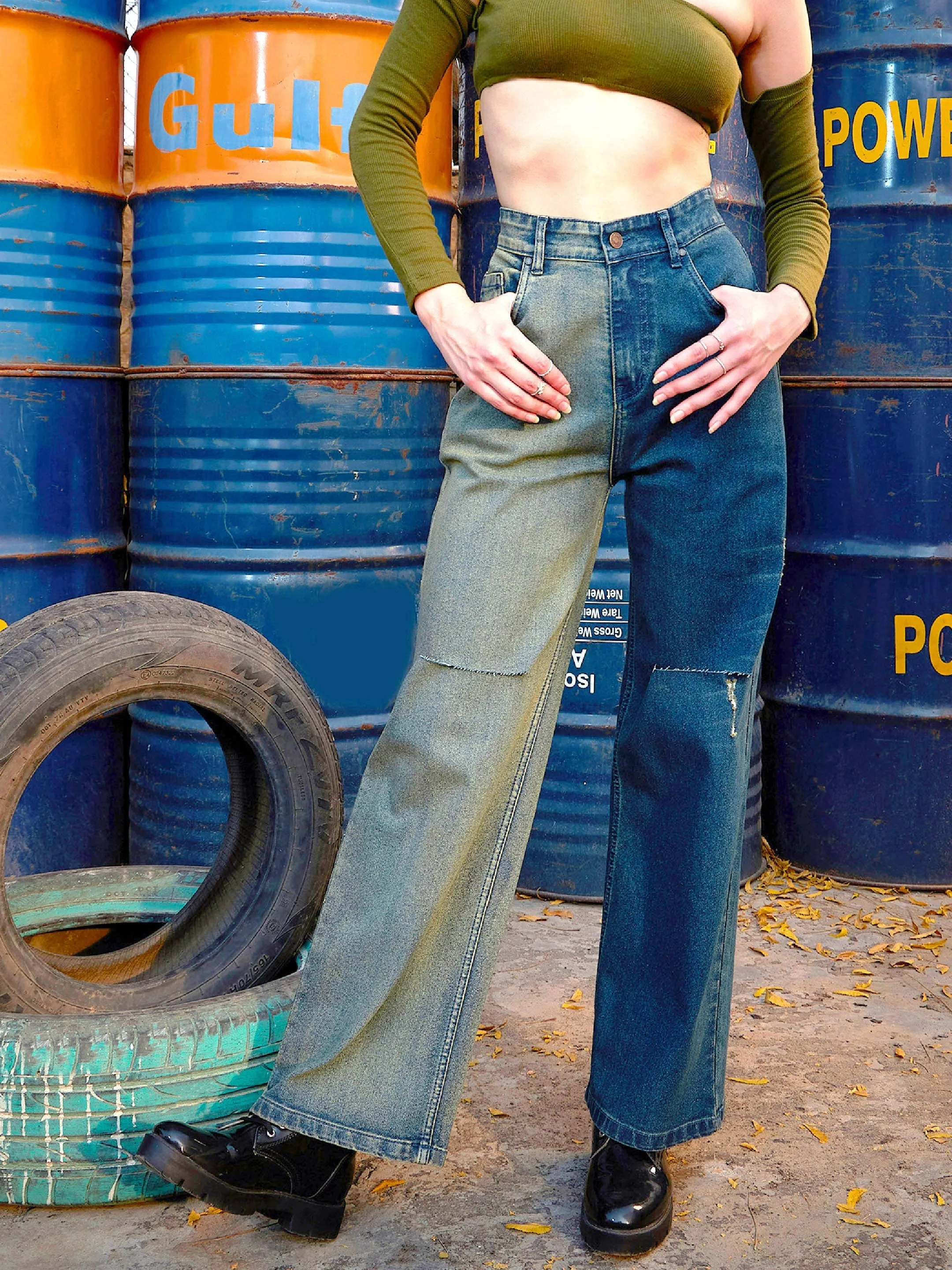 Women Navy Colour Block Straight Jeans