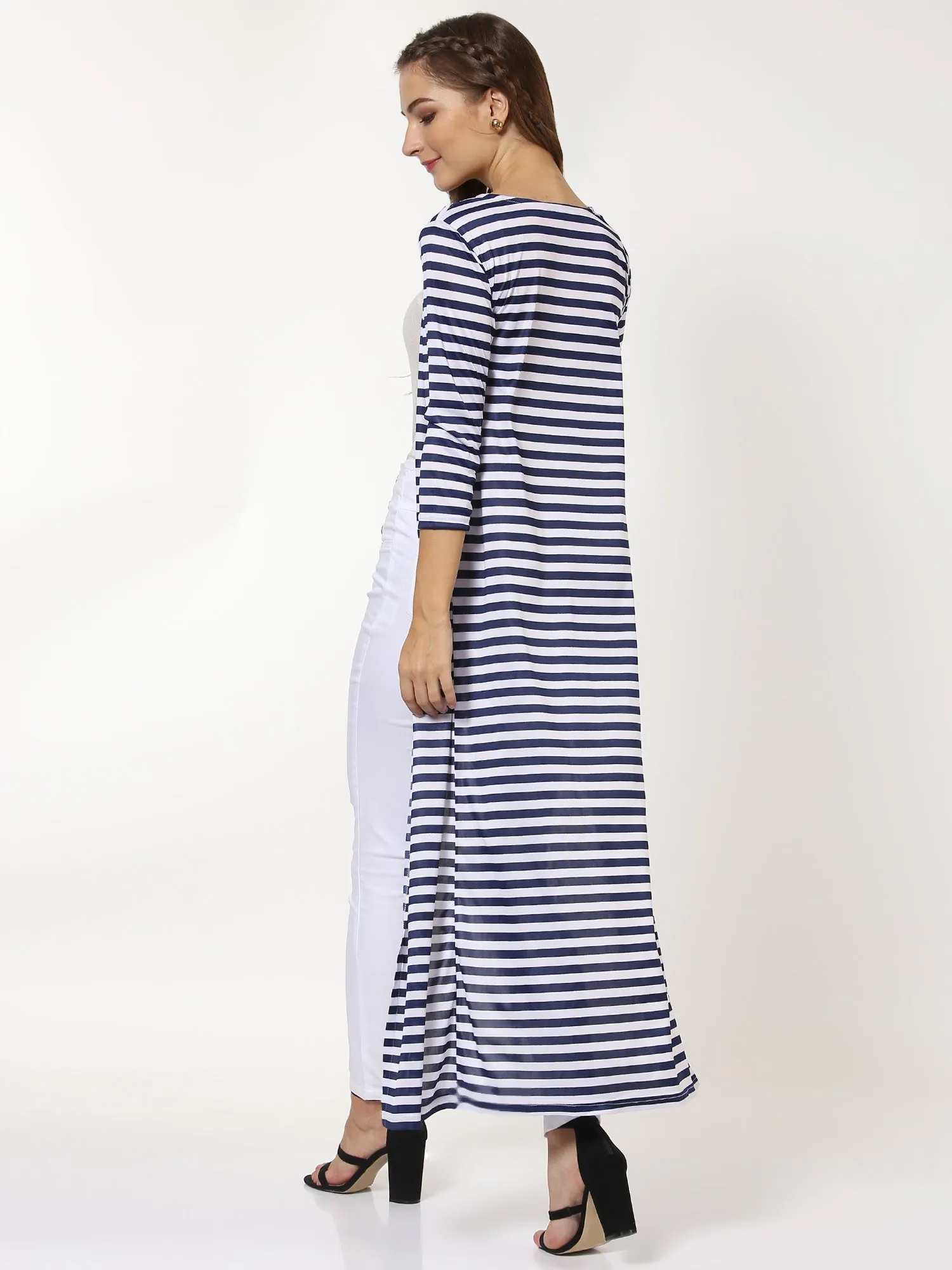 Women Navy Stripes Longline Shrug