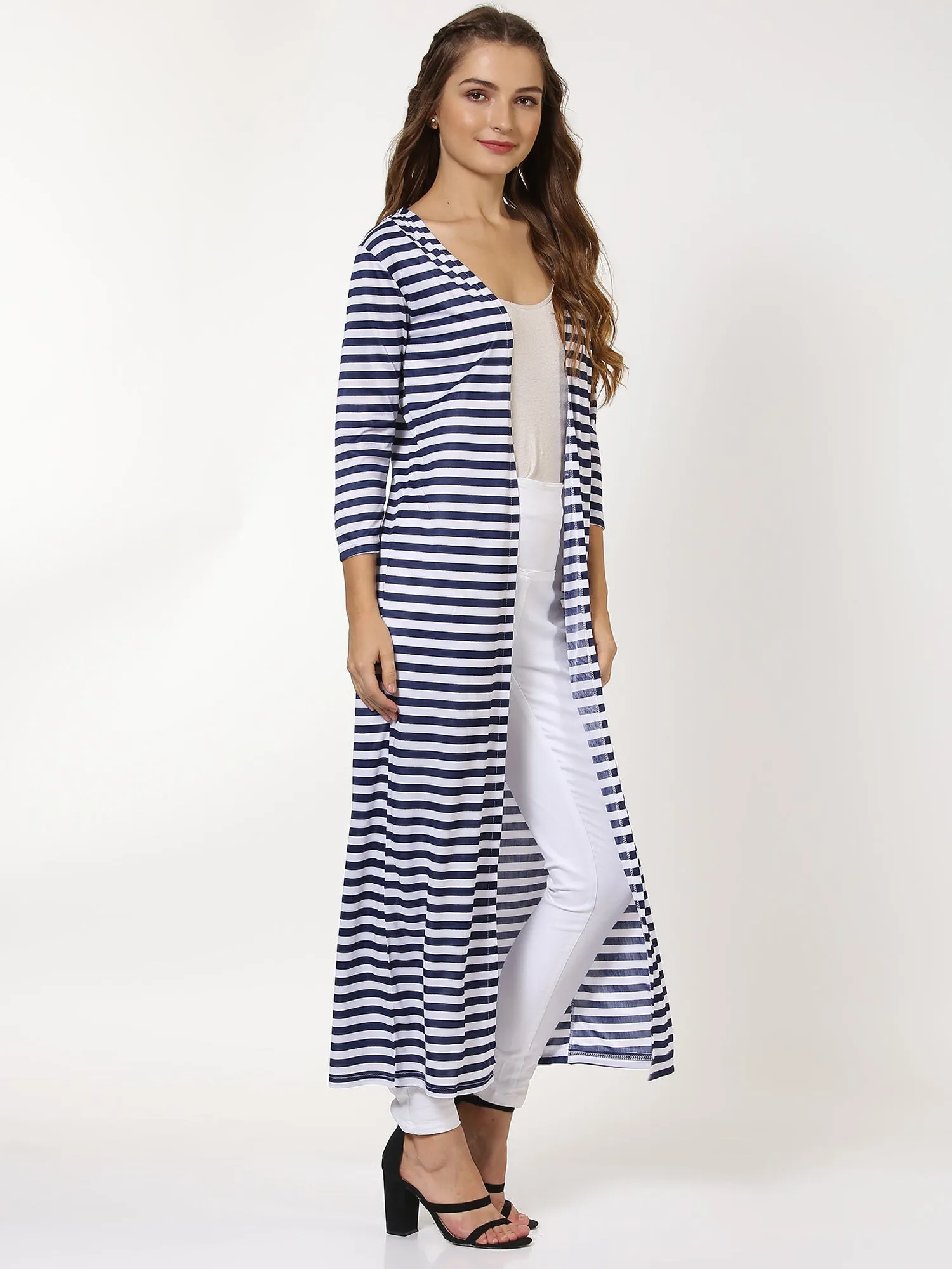 Women Navy Stripes Longline Shrug