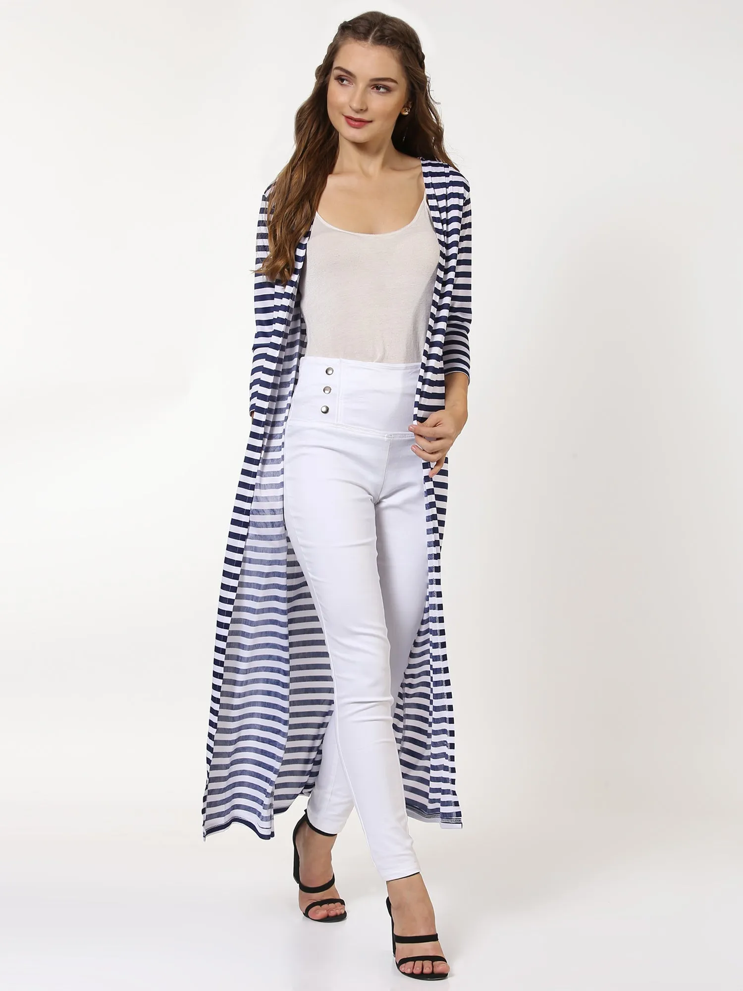 Women Navy Stripes Longline Shrug