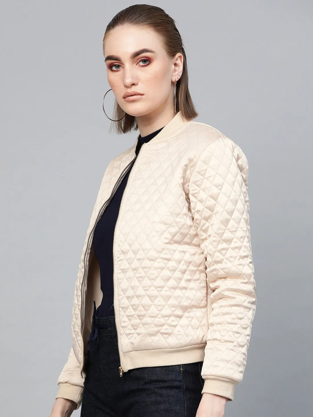 Women Nude Quilting Bomber Jacket