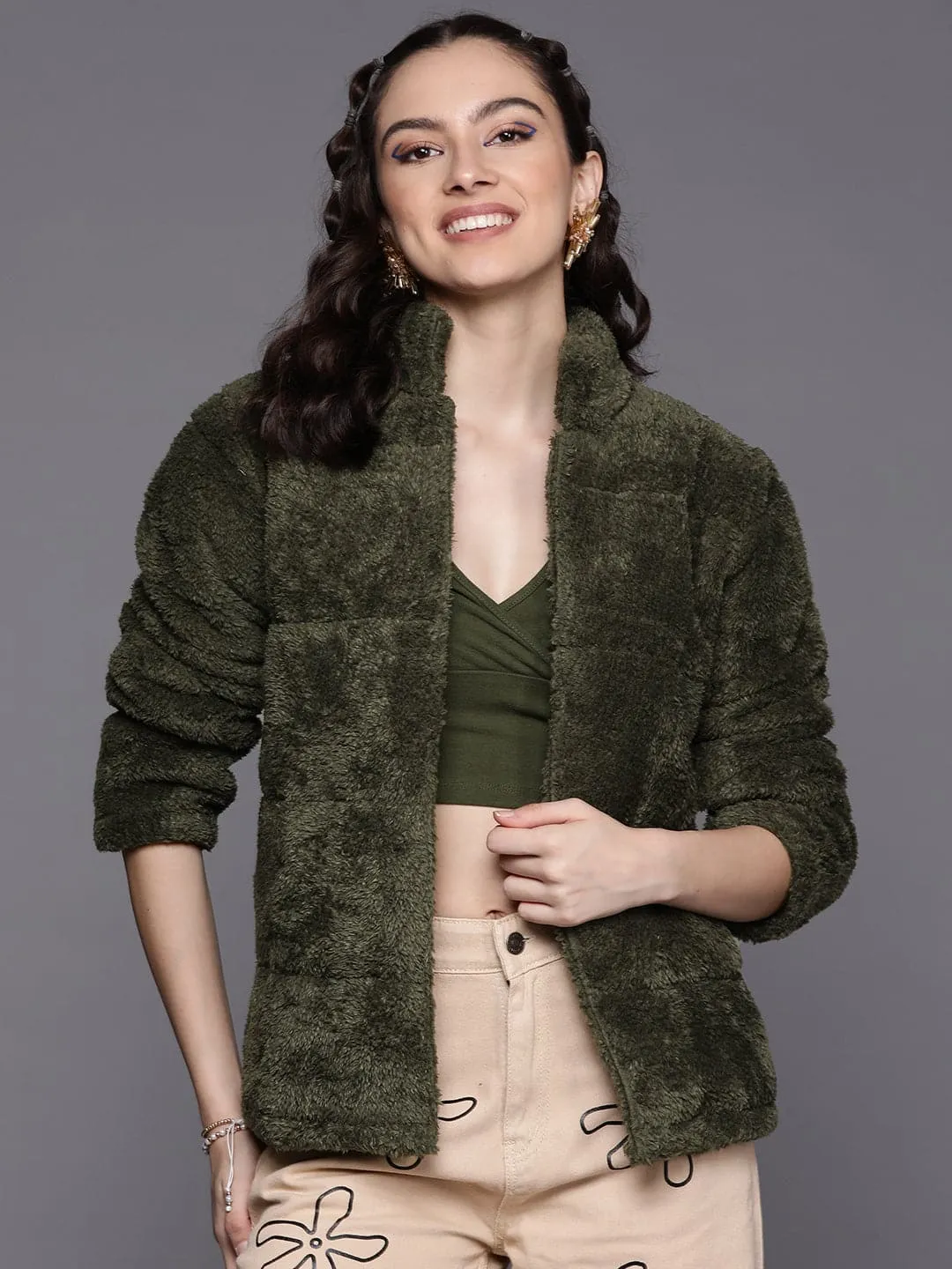 Women Olive Faux Fur Quilted Jacket