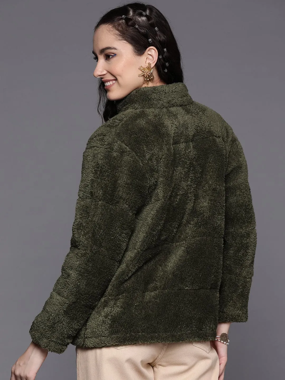 Women Olive Faux Fur Quilted Jacket