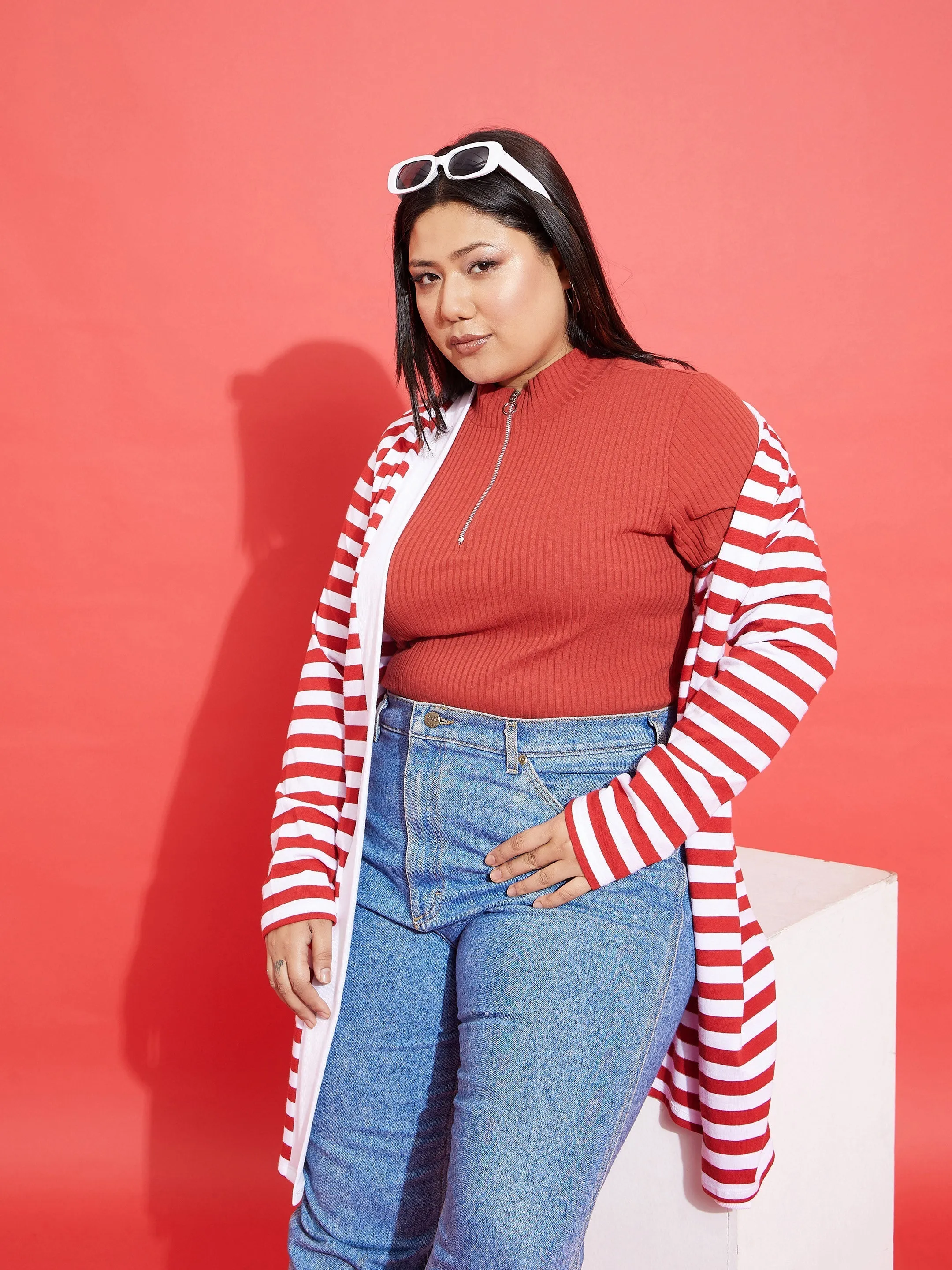 Women Red & White Striped Front Open Shrug