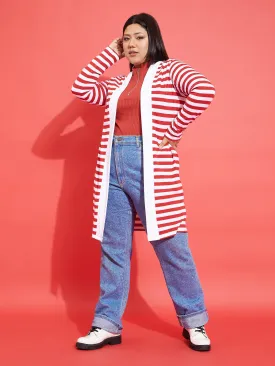 Women Red & White Striped Front Open Shrug