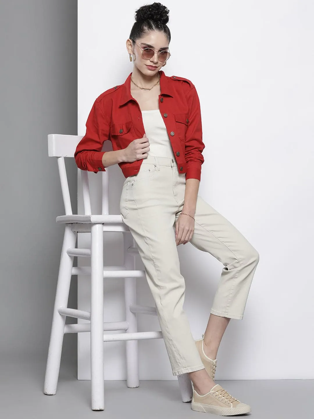 Women Red Twill Crop Jacket