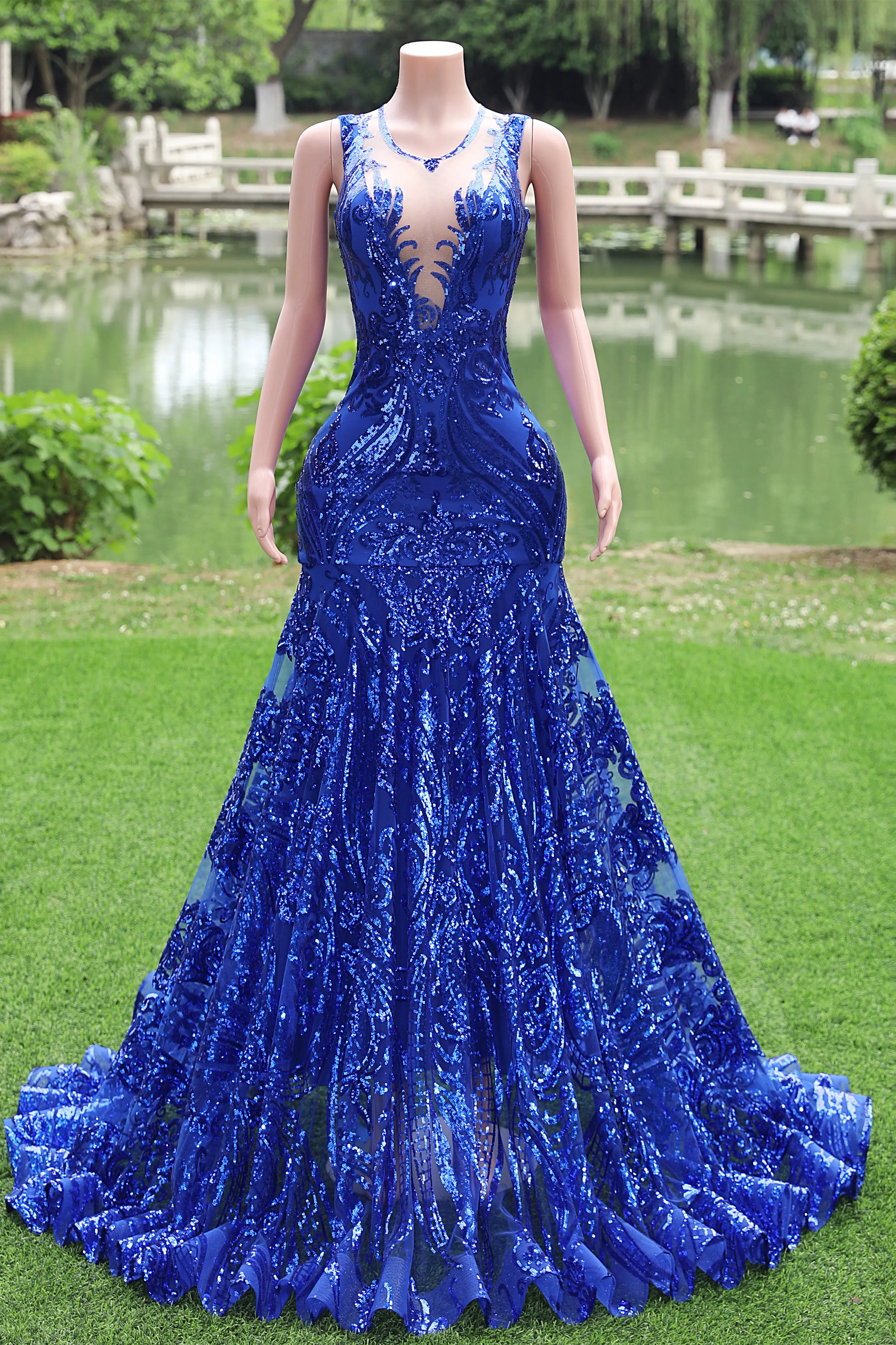 Women Sequined Royal Blue Prom Dresses Sleeveless Cocktail Party Gowns Light Luxury Luxury Evening Dresses