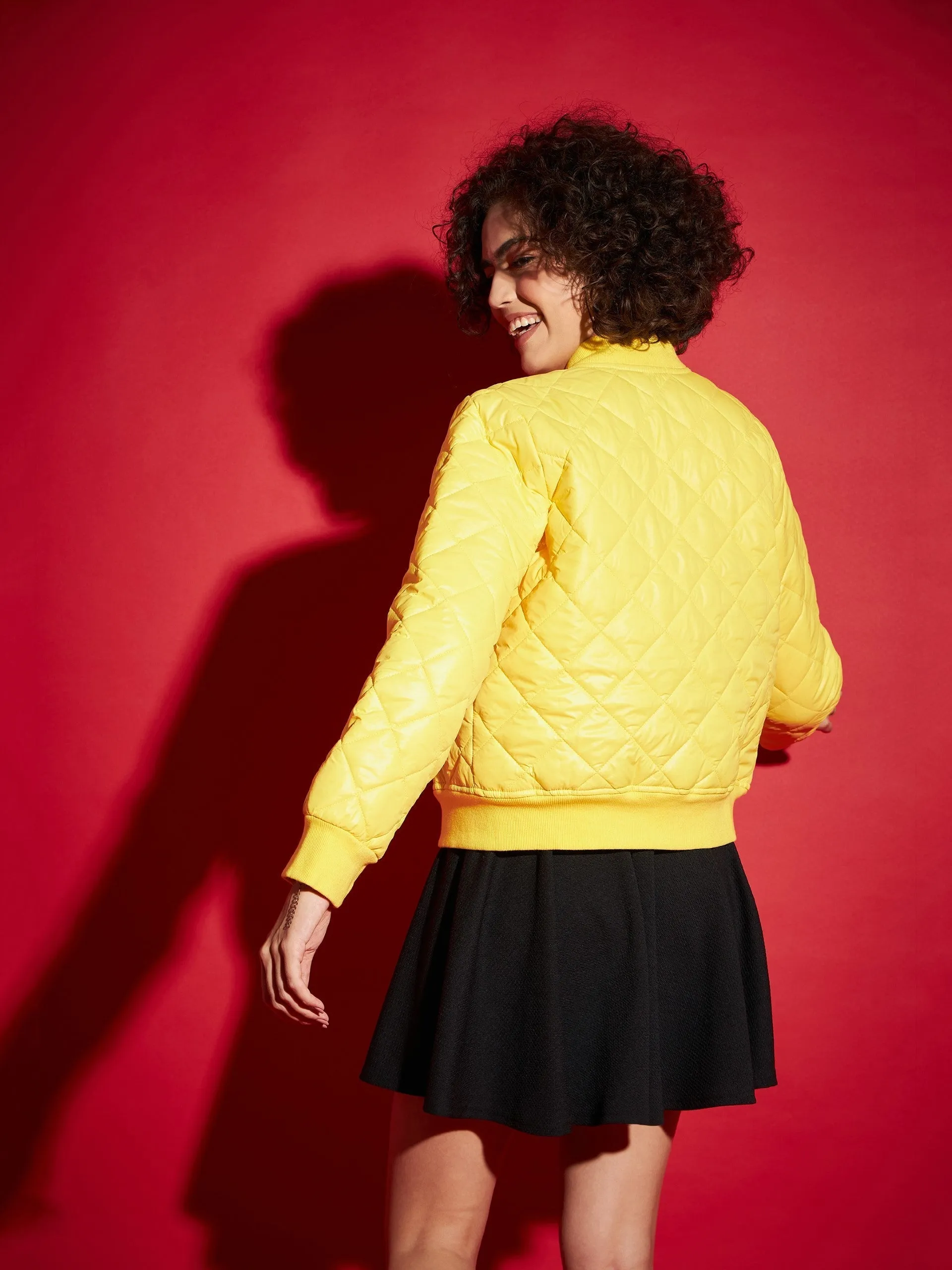 Women Yellow Diamond Quilted Bomber Jacket